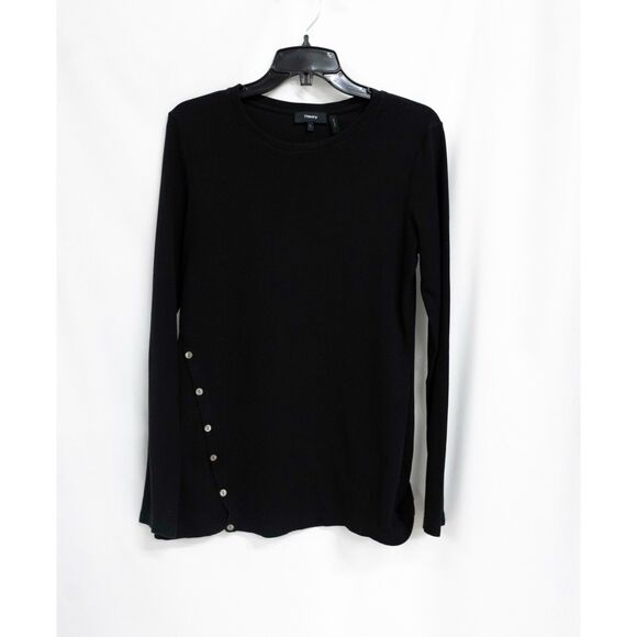 Theory Button Front Mother of Pearl Long Sleeve RIbbed Black Tee Shirt L - Picture 9 of 9